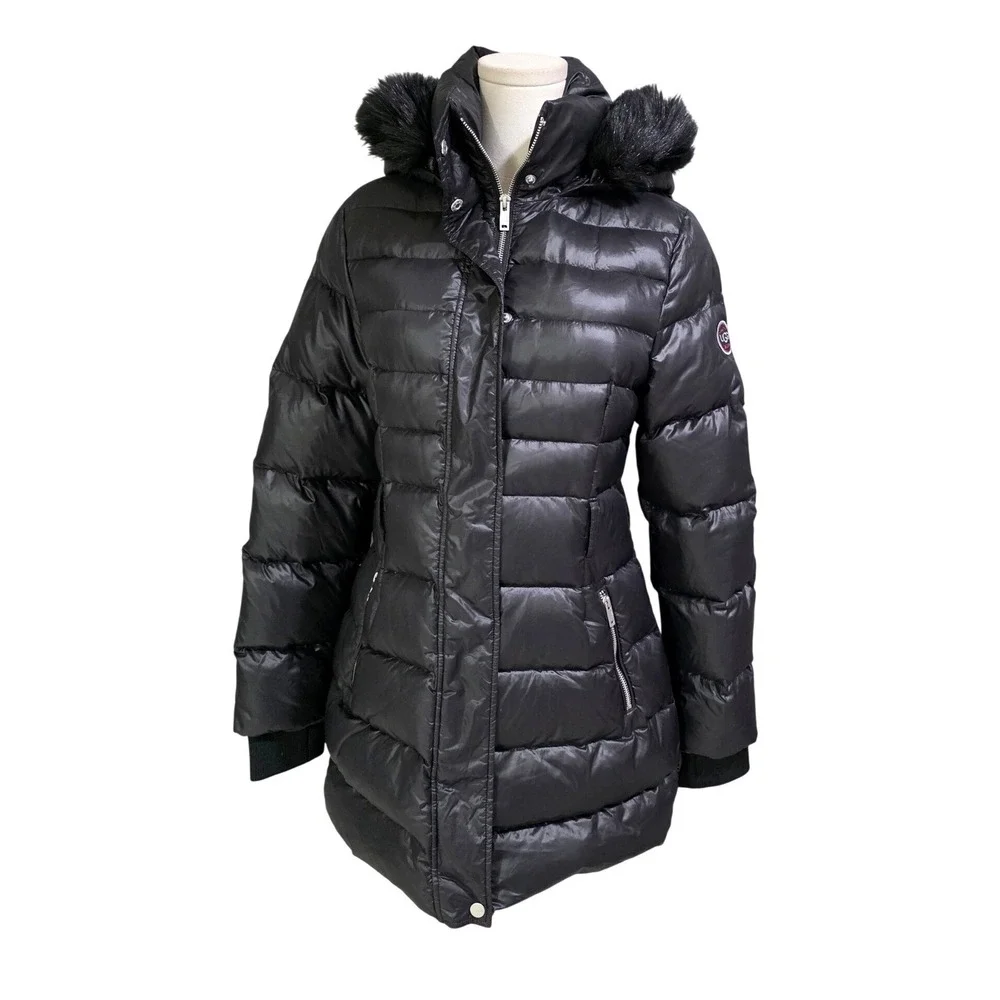 UGG Puffer Jacket Womens S Black Faux Fur Hooded Parka Quilted Zip‎